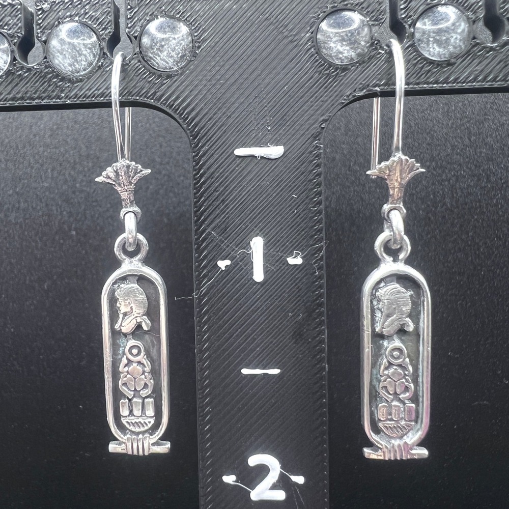 Vintage Sterling Silver Egyptian Hieroglyphic Cartouche Earrings Pharaoh Scarab‎